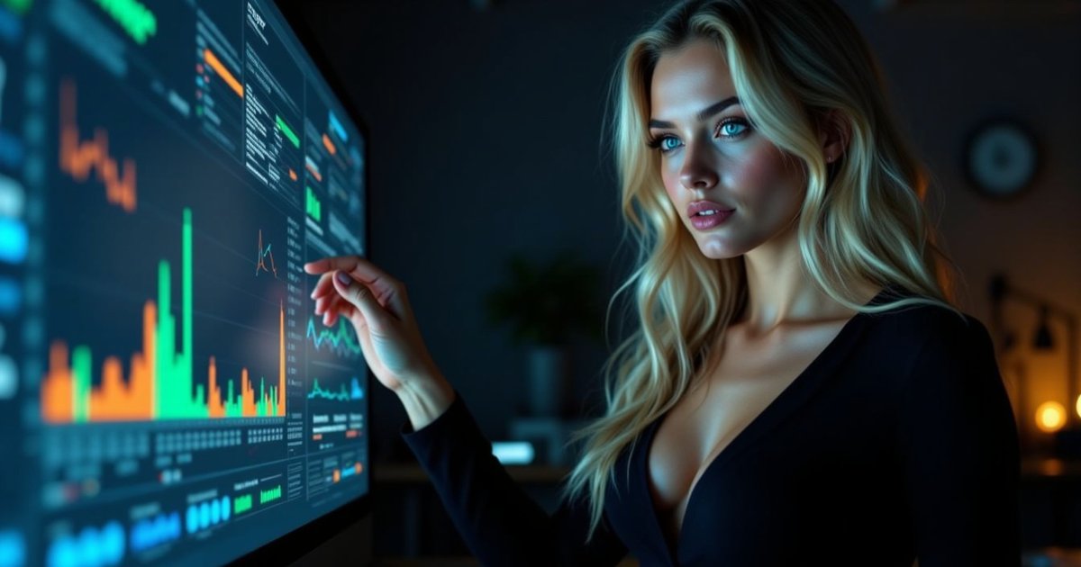 Woman reviewing data score dashboard with visualizations, monitor glow on face
