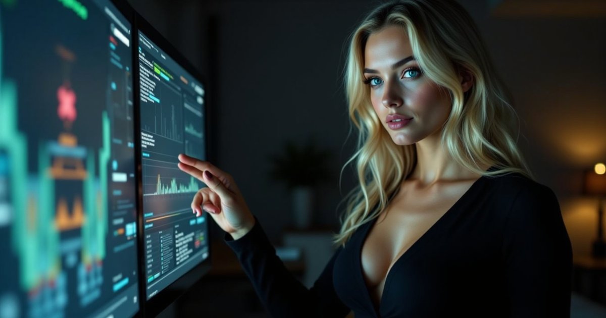 Woman comparing two screens side by side with analytical expression