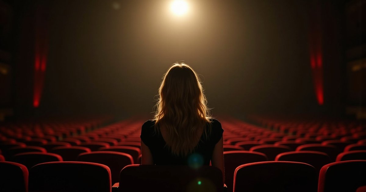 Woman sitting alone in empty theater audience, dramatic spotlight
